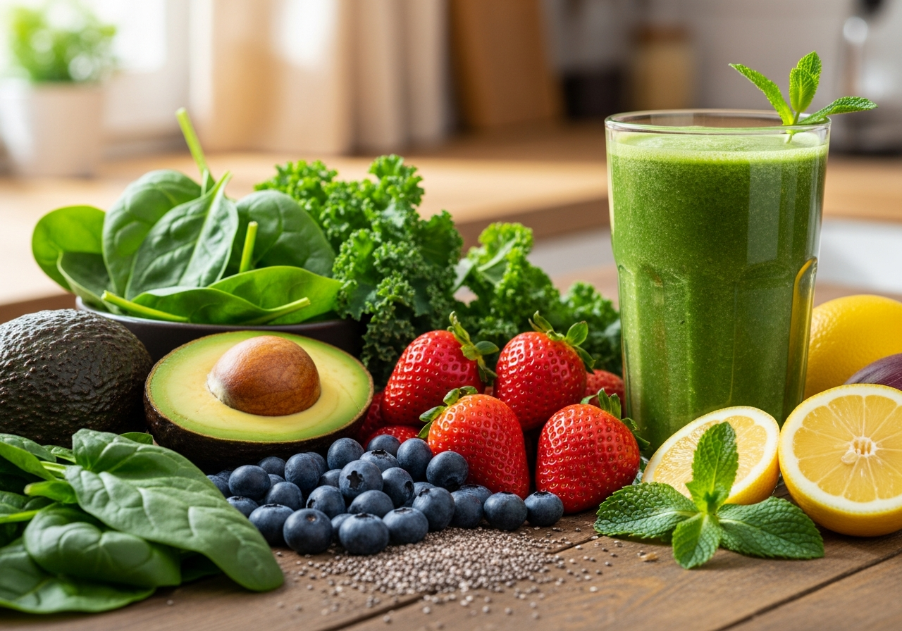 Zdrowe kolorowe warzywa i owoce ułożone na stole