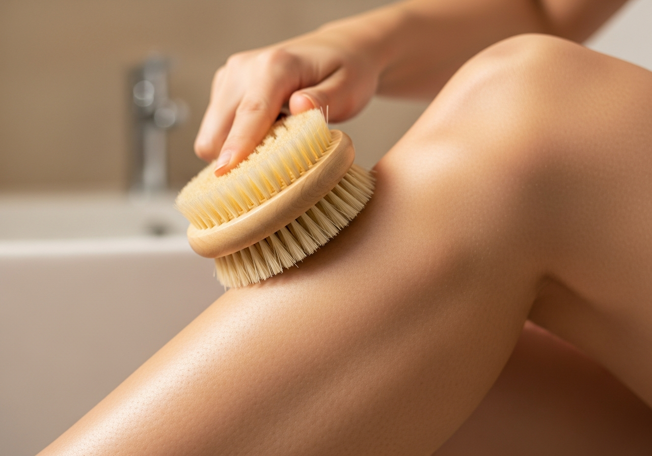 Kobieta szczotkuje swoją skórę na nodze